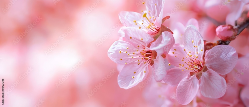 A pink flower, focused closely, atop a branch against a softly blurred backdrop of similar blooms A pink flower, focused closely, atop a branch against a softly blurred backdrop of similar blooms