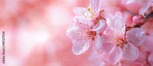  A pink flower, focused closely, atop a branch against a softly blurred backdrop of similar blooms