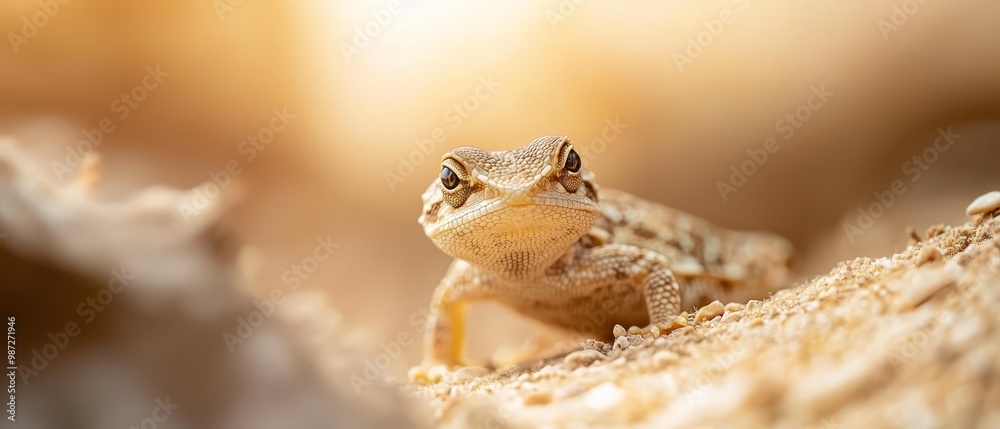 Obraz premium A tight shot of a tiny lizard perched on a rock, gazing intently at the camera, surrounded by a hazy background