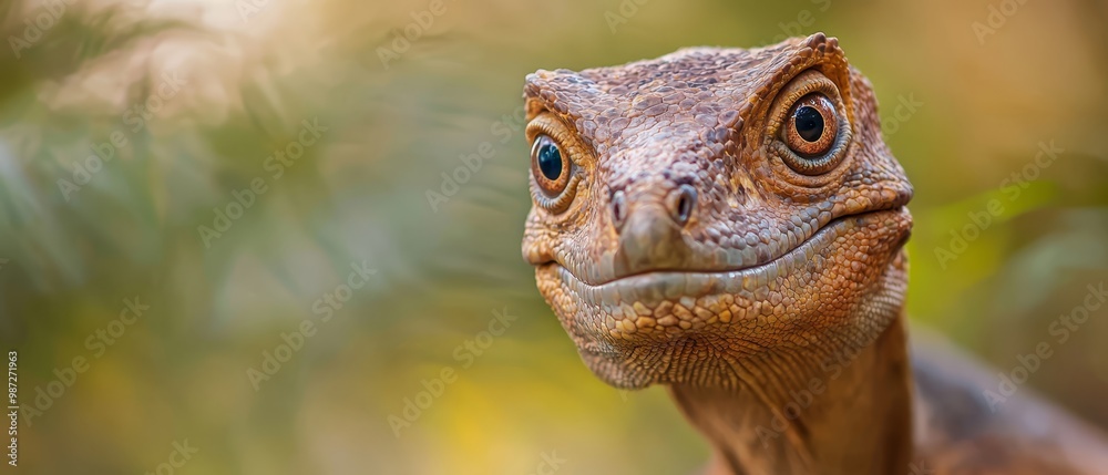 A tight shot of a lizard's face, background blurred with trees and bushes A tight shot of a lizard's face, background blurred with trees and bushes