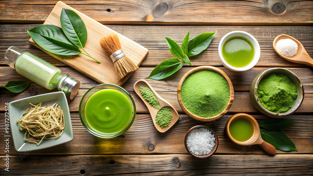 A variety of green tea-based beauty and wellness products on a wooden table, green tea, skincare, beauty A variety of green tea-based beauty and wellness products on a wooden table, green tea, skincare, beauty