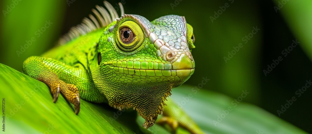 Obraz premium A tight shot of a green iguana perched on a leaf, surrounded by an out-of-focus backdrop of grass and foliage