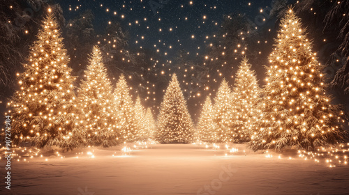 many beautiful Christmas trees, with lighting as a Thomas Kinkaid painting. photo