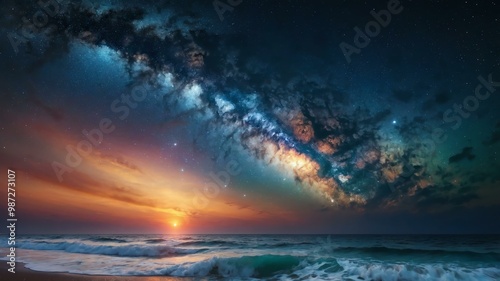 milky way over sunset over the ocean aesthetic background