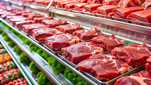 Fresh raw red meat displayed in a supermarket , grocery, fresh, raw, red, meat, supermarket, display, selection, butcher, market