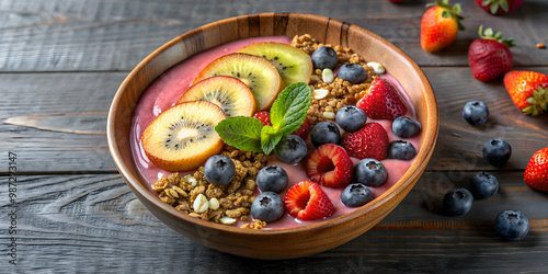 Delicious smoothie bowl topped with fresh fruit and granola, smoothie, bowl, fruit, toppings, healthy, breakfast