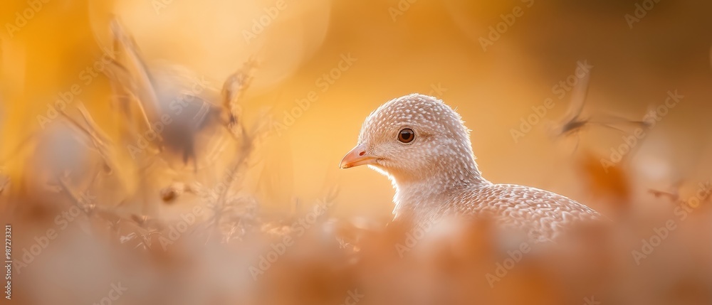 Obraz premium A tight shot of a tiny white bird amidst a sea of grass The field is speckled with yellow and brown leaves in the backdrop