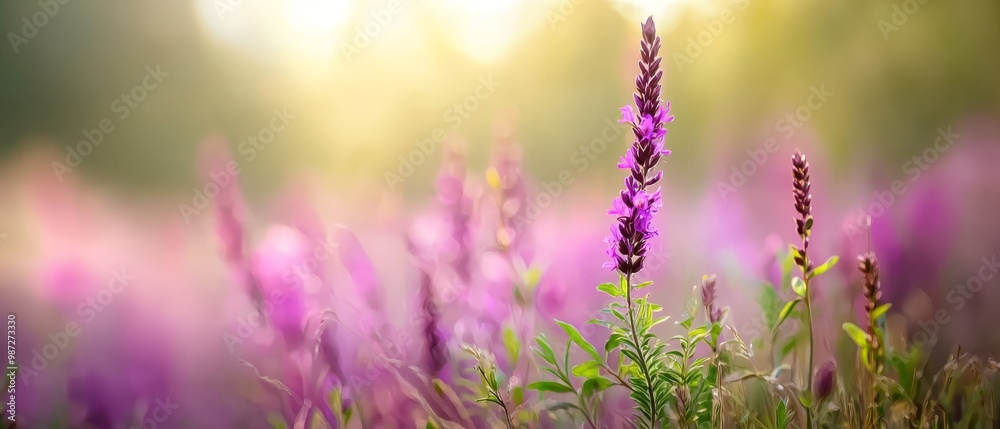 Naklejka premium A field filled with purple flowers, sun shining through the background trees