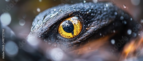  A tight shot of a bird's eye, adorned with water droplets clinging to its outer surface