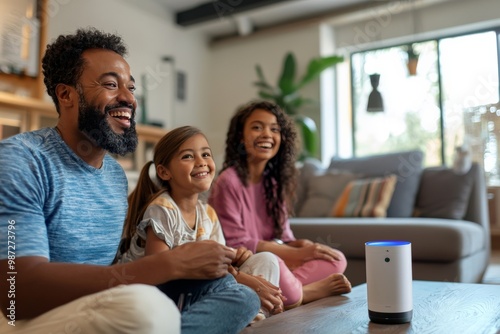 A family using AI at home for education, entertainment, and health monitoring, showing AI's integration into everyday life. photo