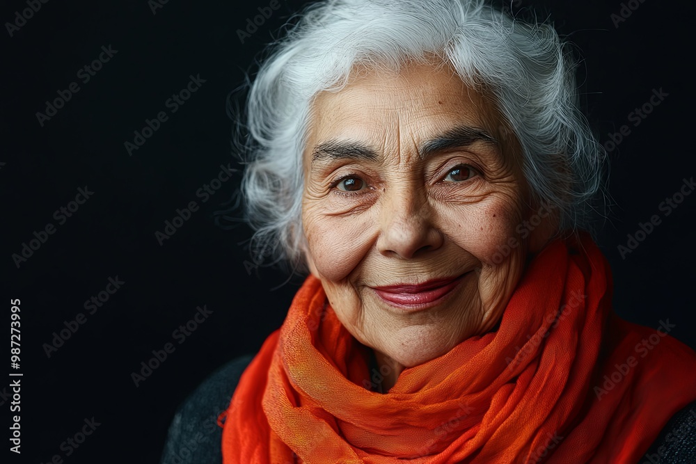 Portrait of a joyful elderly woman with gray hair, wearing a vibrant orange scarf against a dark background. Portrait of a joyful elderly woman with gray hair, wearing a vibrant orange scarf against a dark background.