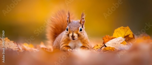  A tight shot of a squirrel amongst leaves, foreground vivid, background softly blurred with leaves