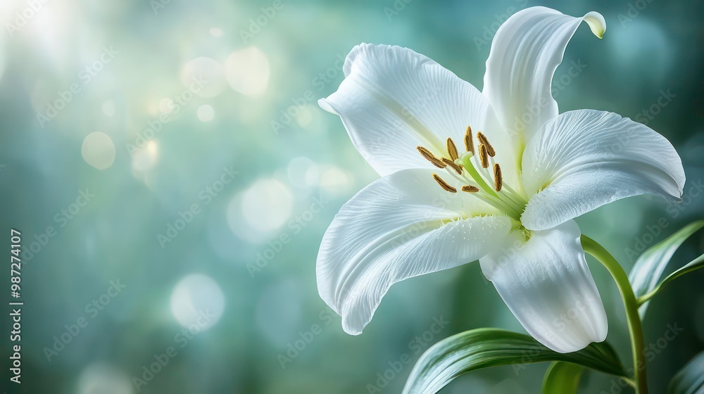 A single white lily flower with green leaves and a blurred background. A single white lily flower with green leaves and a blurred background.
