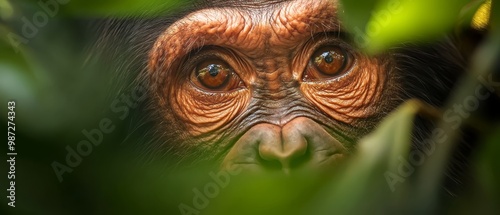  A monkey's face, narrowly concealed by a lush, leafy expanse photo