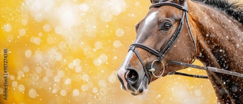  A brown horse wearing a bridle stands before a yellow backdrop photo