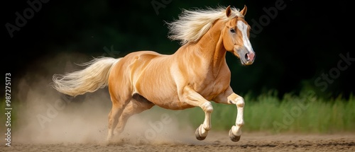  A horse gallops on a dirt road, surrounded by grass and trees in the distance