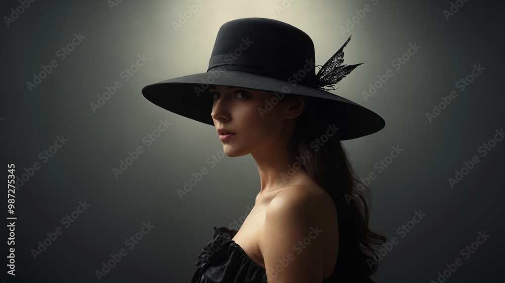 Elegant Lady in Black hat. fashion portrait of Beautiful woman in Hat Elegant Lady in Black hat. fashion portrait of Beautiful woman in Hat