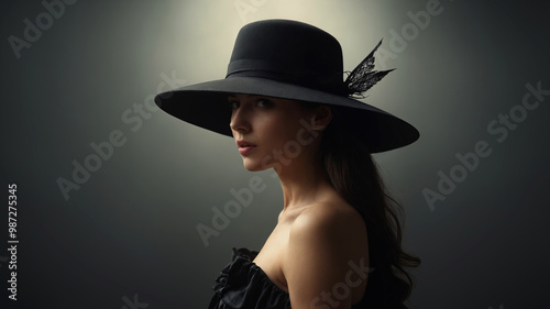 Elegant Lady in Black hat. fashion portrait of Beautiful woman in Hat