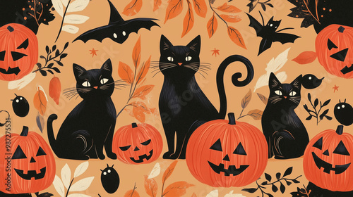 A vintage-style Halloween banner with illustrations of black cats, witches, and pumpkins , Halloween, home decor photo