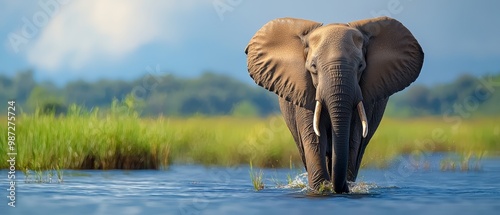  An elephant wades through a body of water, tall grass lines the foreground, a blue sky dominates the background