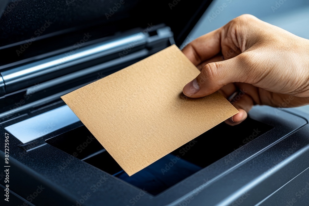 Hand inserting a sheet of paper into a printer, equipment in focus ...