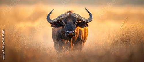  A tight shot of a bull in tall grass, its horns curled upward, gazing at the camera