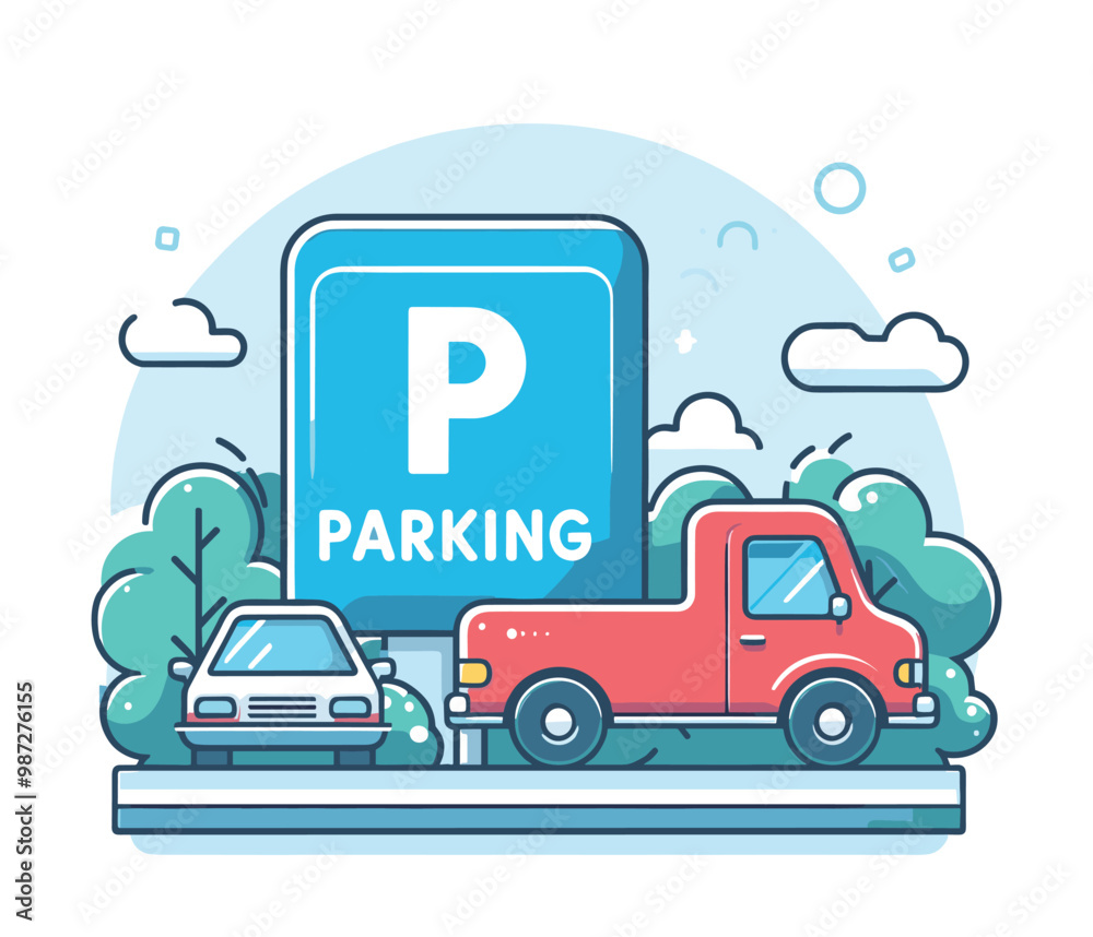 Cartoon parking lot illustration with cars and large parking sign