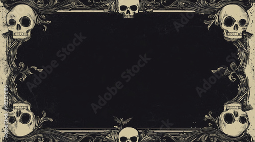 A vintage-style border with ornate patterns and tiny skull accents, beautiful flyers, elegant border with a Halloween theme