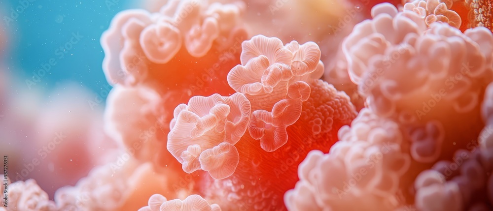 A tight shot of a red-and-white sea anemone against a backdrop of air bubbles in crystal-clear water Overhead, a blue sky extends infinitely A tight shot of a red-and-white sea anemone against a backdrop of air bubbles in crystal-clear water Overhead, a blue sky extends infinitely