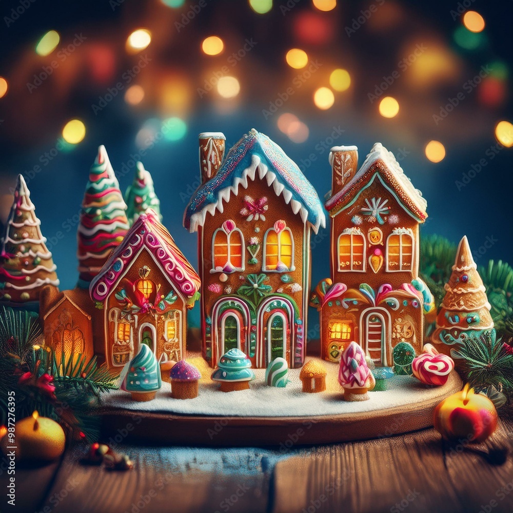 Naklejka premium Lebkuchen-Weihnachtsdorf mit festlichen Lichtern und Dekorationen