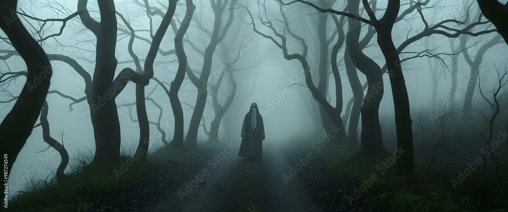 Naklejka premium Figure in a Foggy Forest.