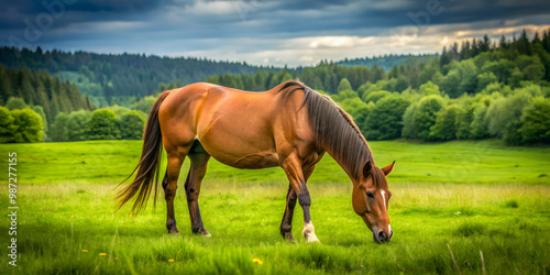 Majestic brown horse grazing in a lush green field, horse, animal, equine, pasture, mammal, mane, brown, grazing, field