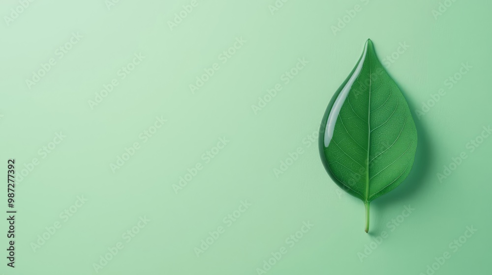 Single green leaf on a pastel green background, minimalistic and fresh aesthetic. Single green leaf on a pastel green background, minimalistic and fresh aesthetic.