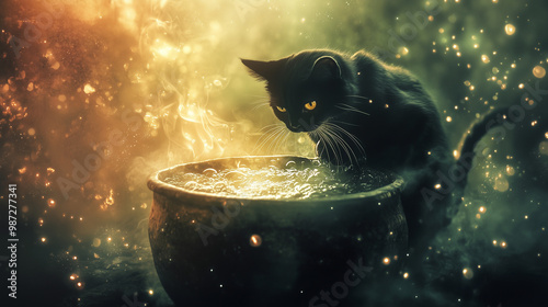 Fototapeta Naklejka Na Ścianę i Meble -  A witch's cat stirring a potion in a cauldron with bubbles rising, gothic arthouse pictures on the theme of halloween