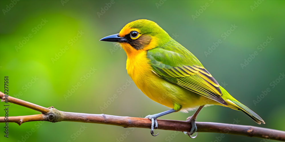 Obraz premium Yellow-bodied bird with green wings perched on a branch, bird, wildlife, nature, colorful, beauty, feathers, perched, branch
