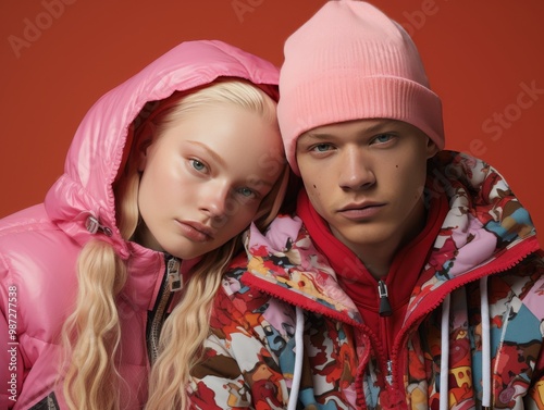 Models in vintage outfits pose by floral backdrop