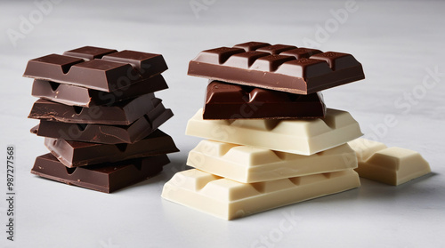 Two Stacked bars of milk, dark, and white chocolate. Neutral background