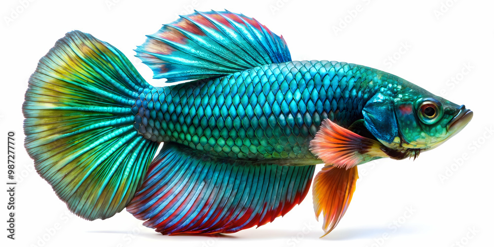 Fototapeta premium Multicolored exotic betta fish with blue green scales , Betta fish, exotic, multicolored, aquatic, tropical, vibrant, colorful