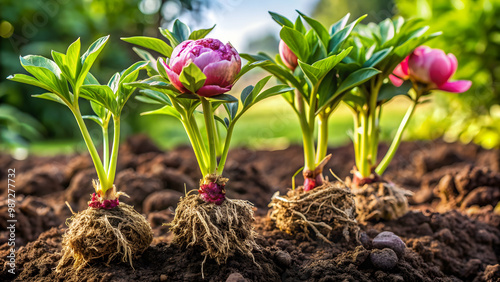 Fototapeta Naklejka Na Ścianę i Meble -  Transplanting peony rhizomes in early spring with enriched soil, gardening, peony, rhizome, transplanting, spring, soil