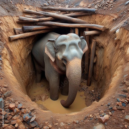 an elephant, trapped in a hole, in a traditional mining area