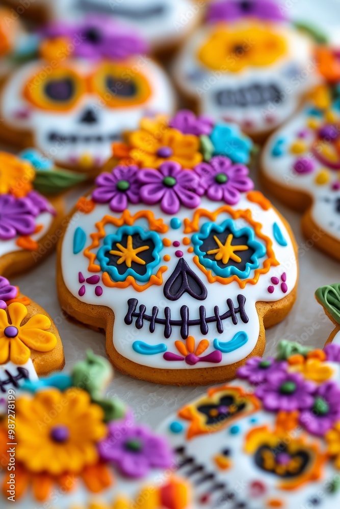 A brightly decorated sugar skull cookie with yellow, purple, and blue flowers on a white background A brightly decorated sugar skull cookie with yellow, purple, and blue flowers on a white background