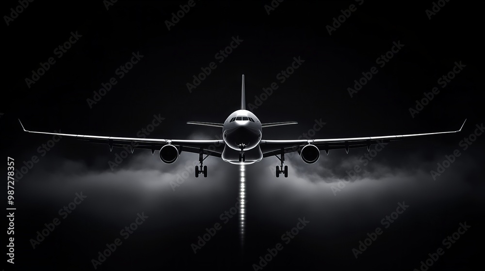 A sleek and powerful airplane is captured mid-flight in low light, with its wings fully extended and minimal lighting emphasizing its silhouette against a backdrop of dark clouds A sleek and powerful airplane is captured mid-flight in low light, with its wings fully extended and minimal lighting emphasizing its silhouette against a backdrop of dark clouds
