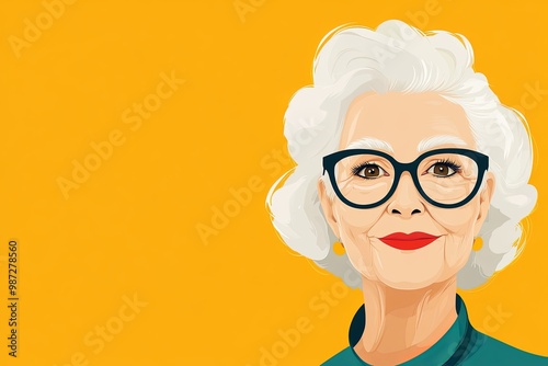 Portrait of a smiling elderly Caucasian woman with white hair and glasses against a vibrant yellow background.