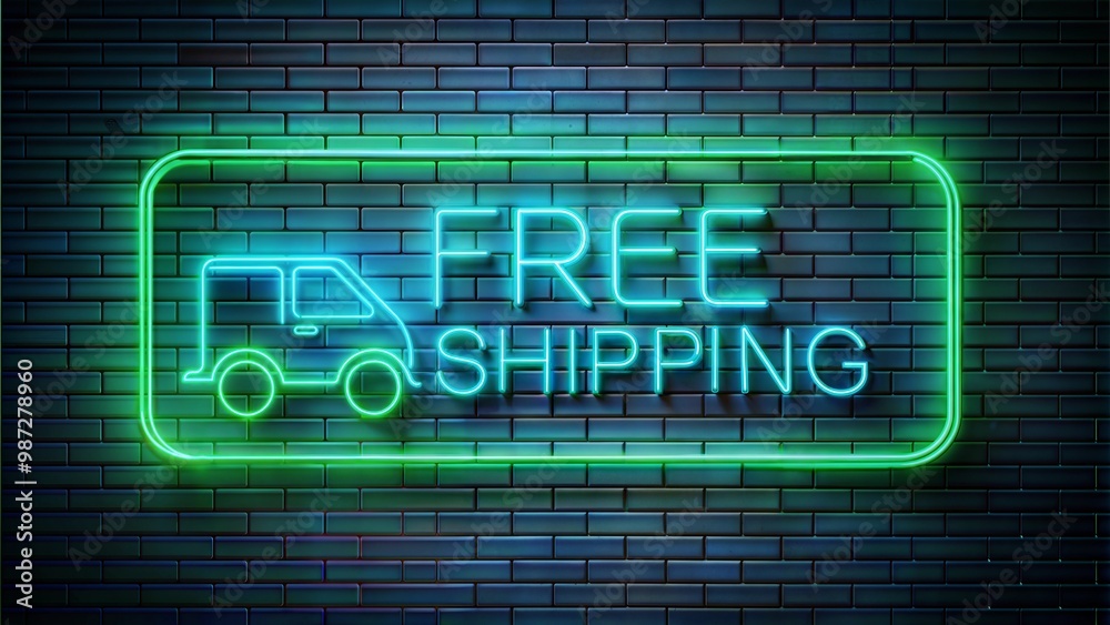 Neon free shipping sign, glowing blue and green text with delivery van, on dark brick background, copy space Neon free shipping sign, glowing blue and green text with delivery van, on dark brick background, copy space