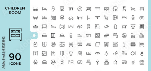children's room icons collection, baby room icon set, kids vector, cradle, baby bed, changing table, swaddle wrap, bunk bed, book and more. Thin outline icons pack. Vector illustration