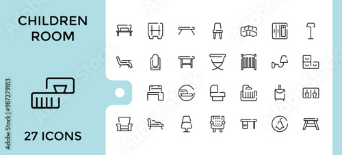 children's room icons collection, baby room icon set, kids vector, cradle, baby bed, changing table, swaddle wrap, bunk bed, book and more. Thin outline icons pack. Vector illustration