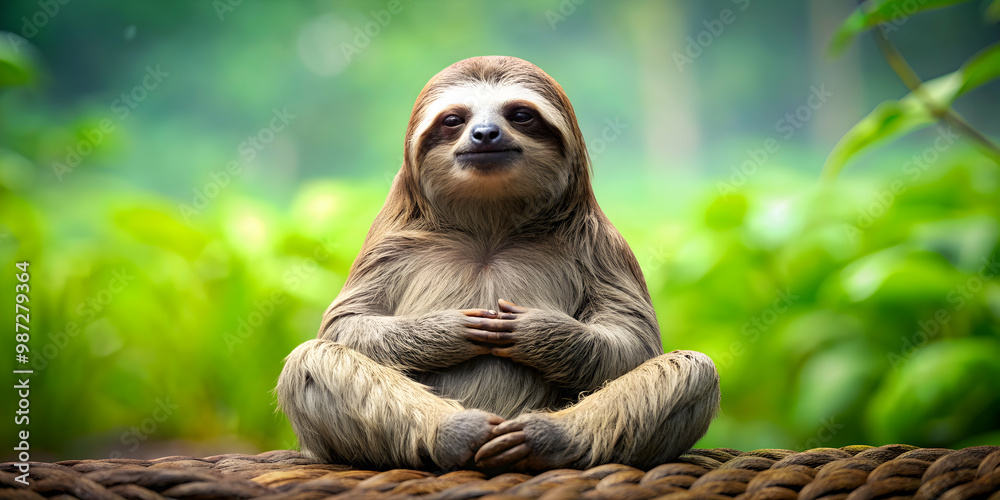 Naklejka premium Meditating sloth in a peaceful pose , Sloth, meditation, peaceful, relaxation, mindfulness, tranquil, calm, Zen, nature, forest, animal