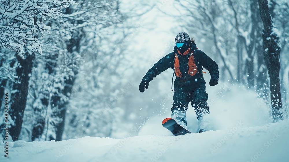 A snowboarder cuts through fresh powder on a snowy mountain. A snowboarder cuts through fresh powder on a snowy mountain.