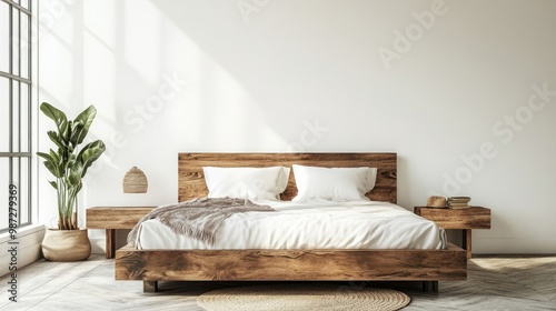 Rustic wooden bed against empty white wall with copy space Scandinavian loft interior design of modern bedroom