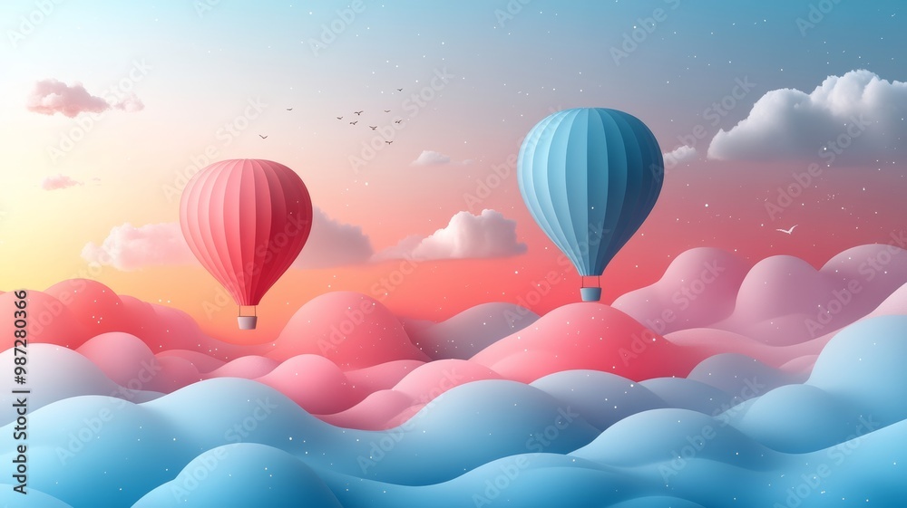 Fototapeta premium Two air balloons floating side by side in a minimalistic style, with simple outlines and a few soft colors